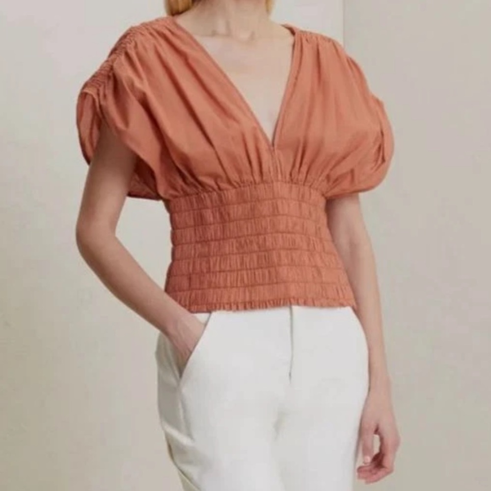 A.L.C. Luna Shirred V Neck Cotton Top in Armagnal Dusty Coral size 0 $295